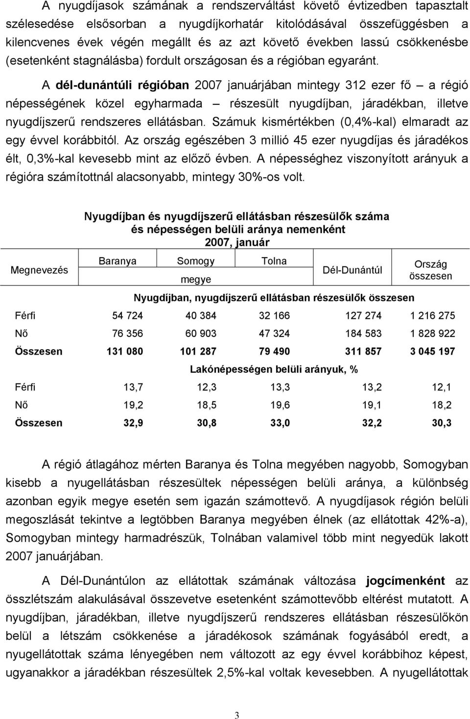 A dél-dunántúli régióban 2007 januárjában mintegy 312 ezer fő a régió népességének közel egyharmada részesült nyugdíjban, járadékban, illetve nyugdíjszerű rendszeres ellátásban.