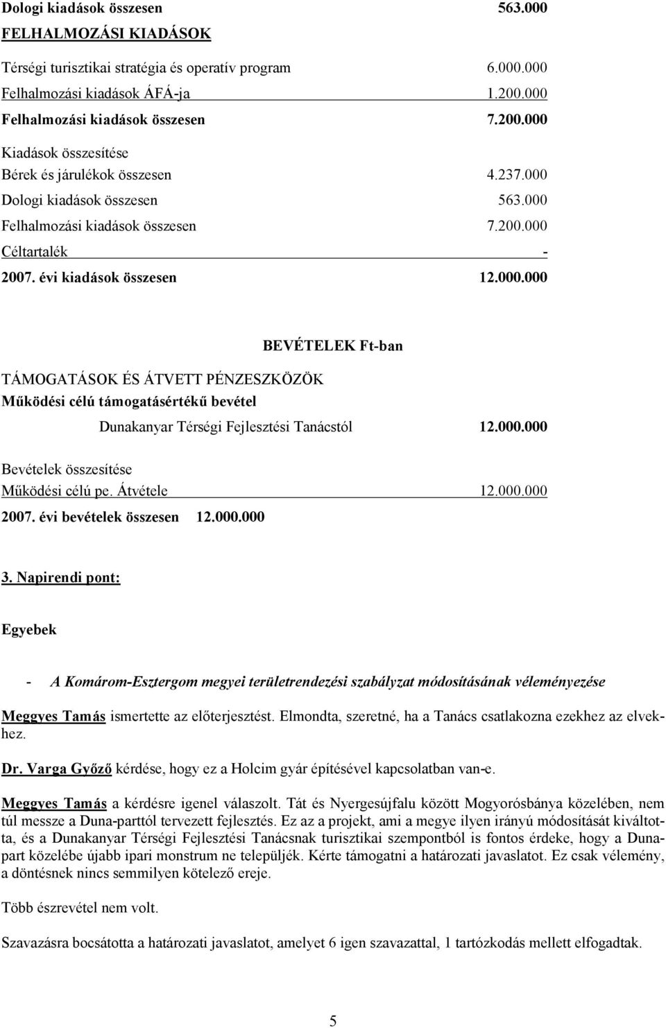 évi kiadások összesen 12.000.000 BEVÉTELEK Ft-ban TÁMOGATÁSOK ÉS ÁTVETT PÉNZESZKÖZÖK Működési célú támogatásértékű bevétel Dunakanyar Térségi Fejlesztési Tanácstól 12.000.000 Bevételek összesítése Működési célú pe.