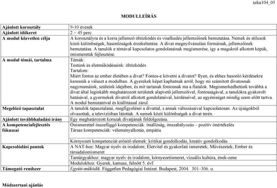 A divat megnyilvánulási formáinak, jellemzőinek bemutatása. A tanulók e témával kapcsolatos gondolatainak megismerése, így a magukról alkotott képük, önismeretük fejlesztése.