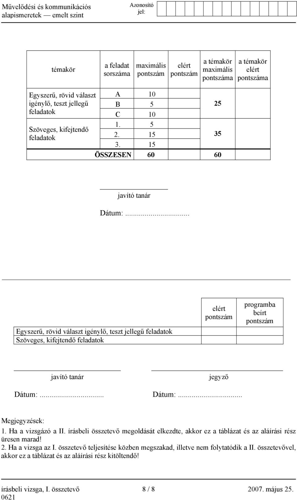 .. Egyszerű, rövid választ igénylő, teszt jellegű feladatok Szöveges, kifejtendő feladatok elért pontszám programba beírt pontszám javító tanár jegyző Dátum:... Dátum:... Megjegyzések: 1.