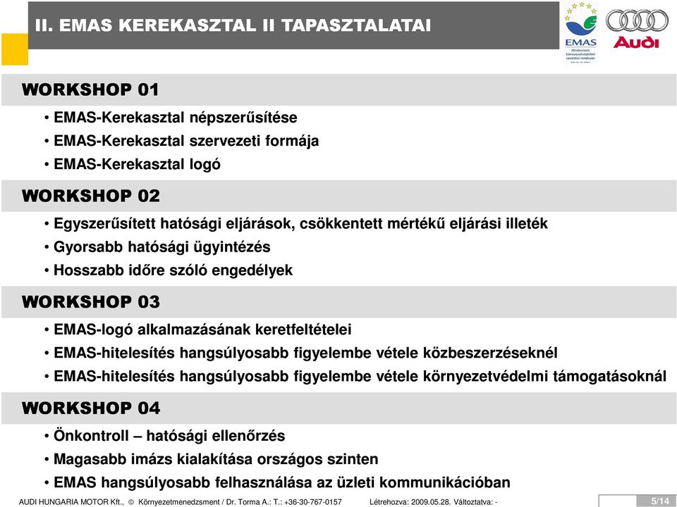 figyelembe vétele közbeszerzéseknél EMAS-hitelesítés hangsúlyosabb figyelembe vétele környezetvédelmi támogatásoknál WORKSHOP 04 Önkontroll hatósági ellenőrzés Magasabb imázs kialakítása