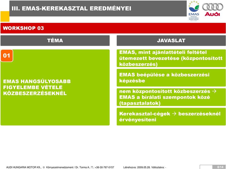 központosított közbeszerzés EMAS a bírálati szempontok közé (tapasztalatok) Kerekasztal-cégek beszerzéseknél érvényesíteni