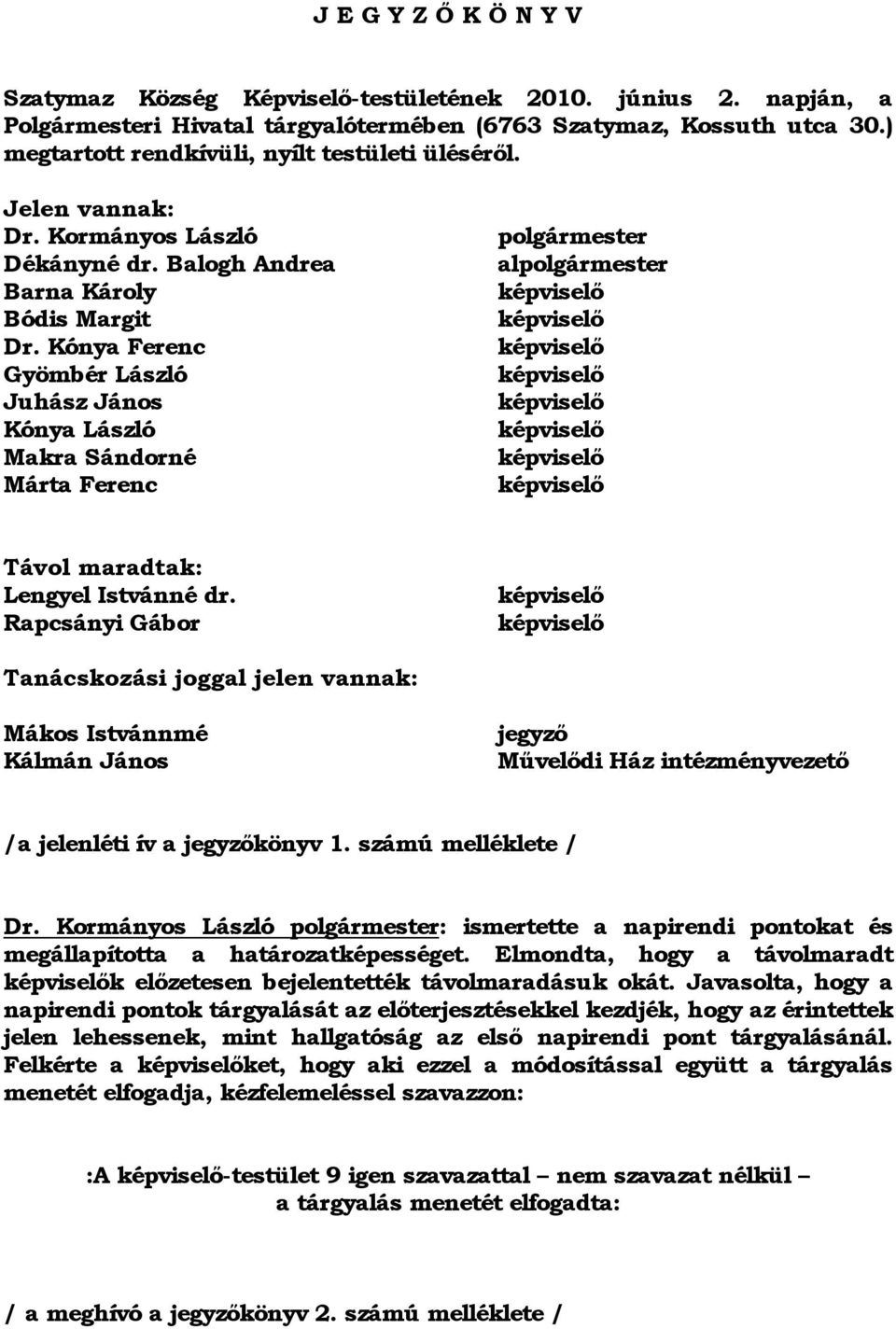 Kónya Ferenc Gyömbér László Juhász János Kónya László Makra Sándorné Márta Ferenc polgármester alpolgármester képviselő képviselő képviselő képviselő képviselő képviselő képviselő képviselő Távol