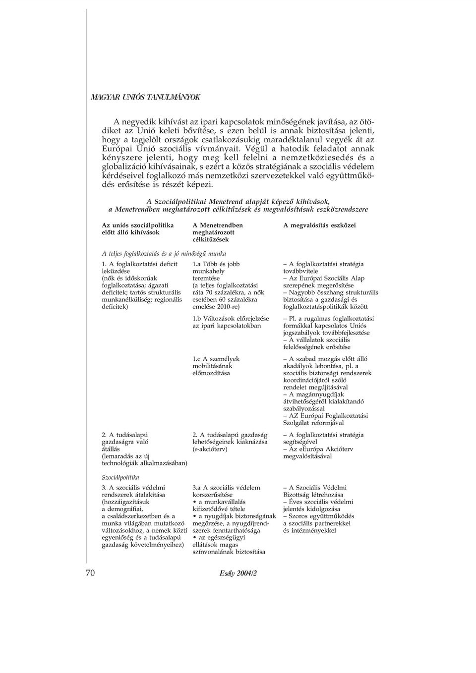 Végül a hatodik feladatot annak kényszere jelenti, hogy meg kell felelni a nemzetköziesedés és a globalizáció kihívásainak, s ezért a közös stratégiának a szociális védelem kérdéseivel foglalkozó más
