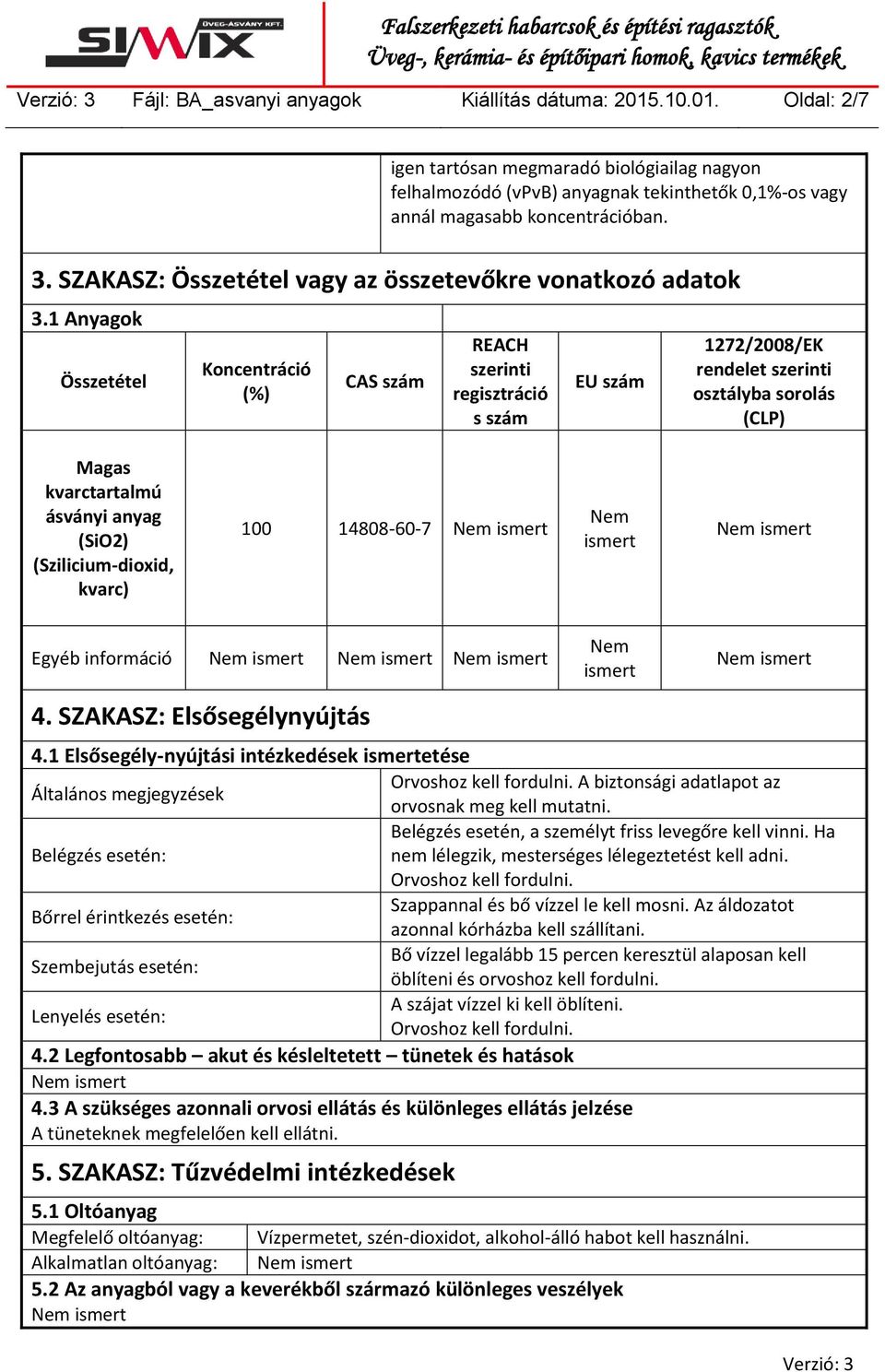 1 Anyagok Összetétel Koncentráció (%) CAS szám REACH szerinti regisztráció s szám EU szám 1272/2008/EK rendelet szerinti osztályba sorolás (CLP) Magas kvarctartalmú ásványi anyag (SiO2)