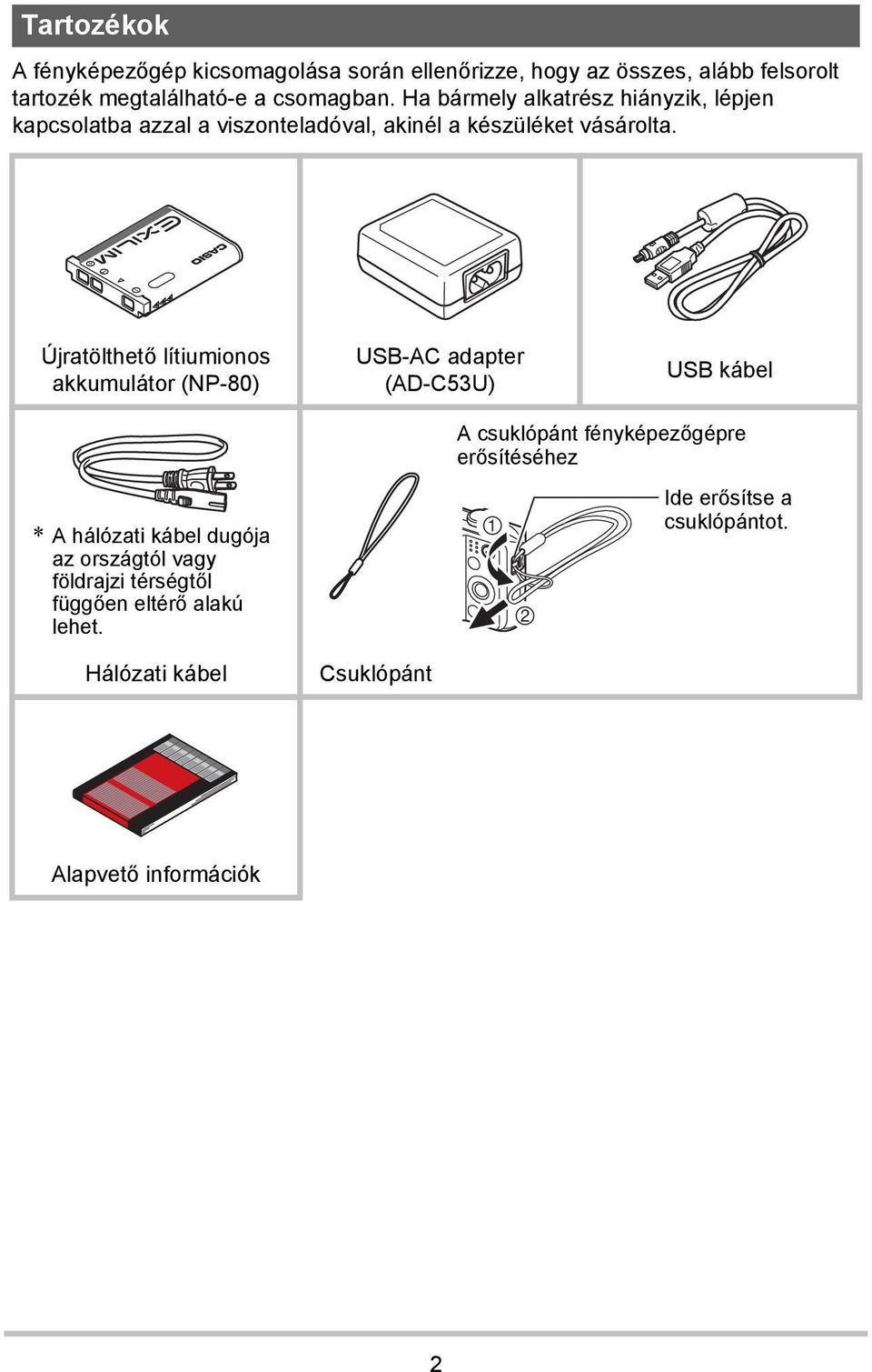Újratölthető lítiumionos akkumulátor (NP-80) USB-AC adapter (AD-C53U) USB kábel A csuklópánt fényképezőgépre erősítéséhez * A