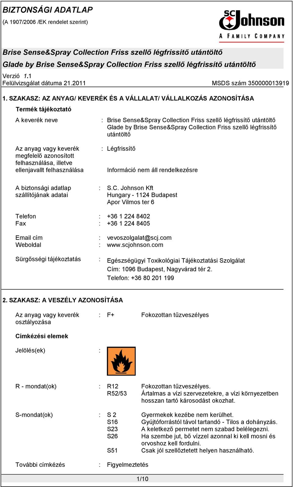megfelelő azonosított felhasználása, illetve ellenjavallt felhasználása A biztonsági adatlap szállítójának adatai : Légfrissítő Információ nem áll rendelkezésre : S.C.