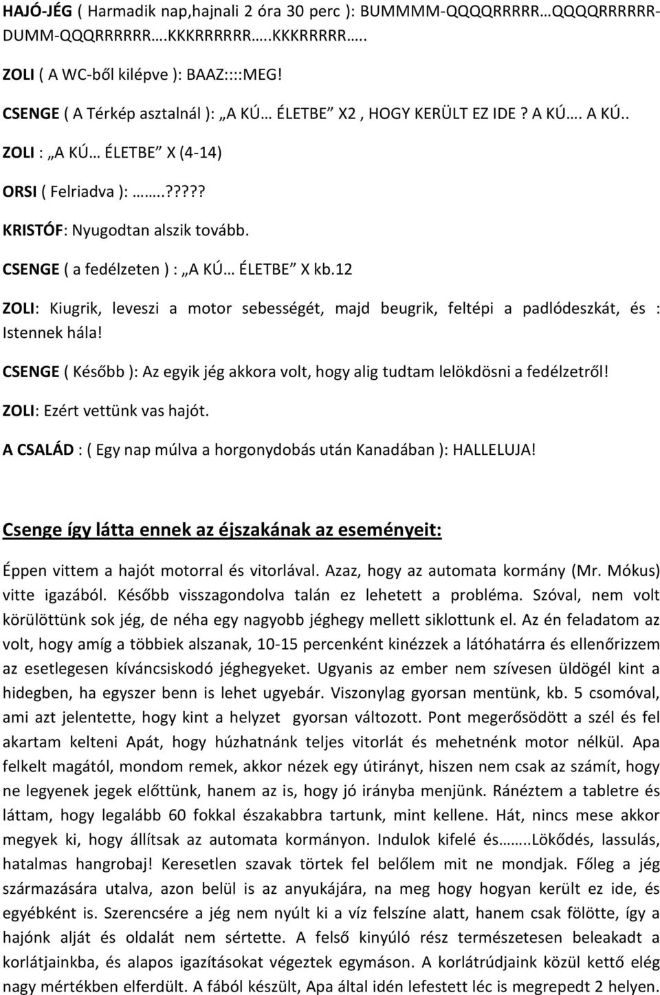 CSENGE ( a fedélzeten ) : A KÚ ÉLETBE X kb.12 ZOLI: Kiugrik, leveszi a motor sebességét, majd beugrik, feltépi a padlódeszkát, és : Istennek hála!