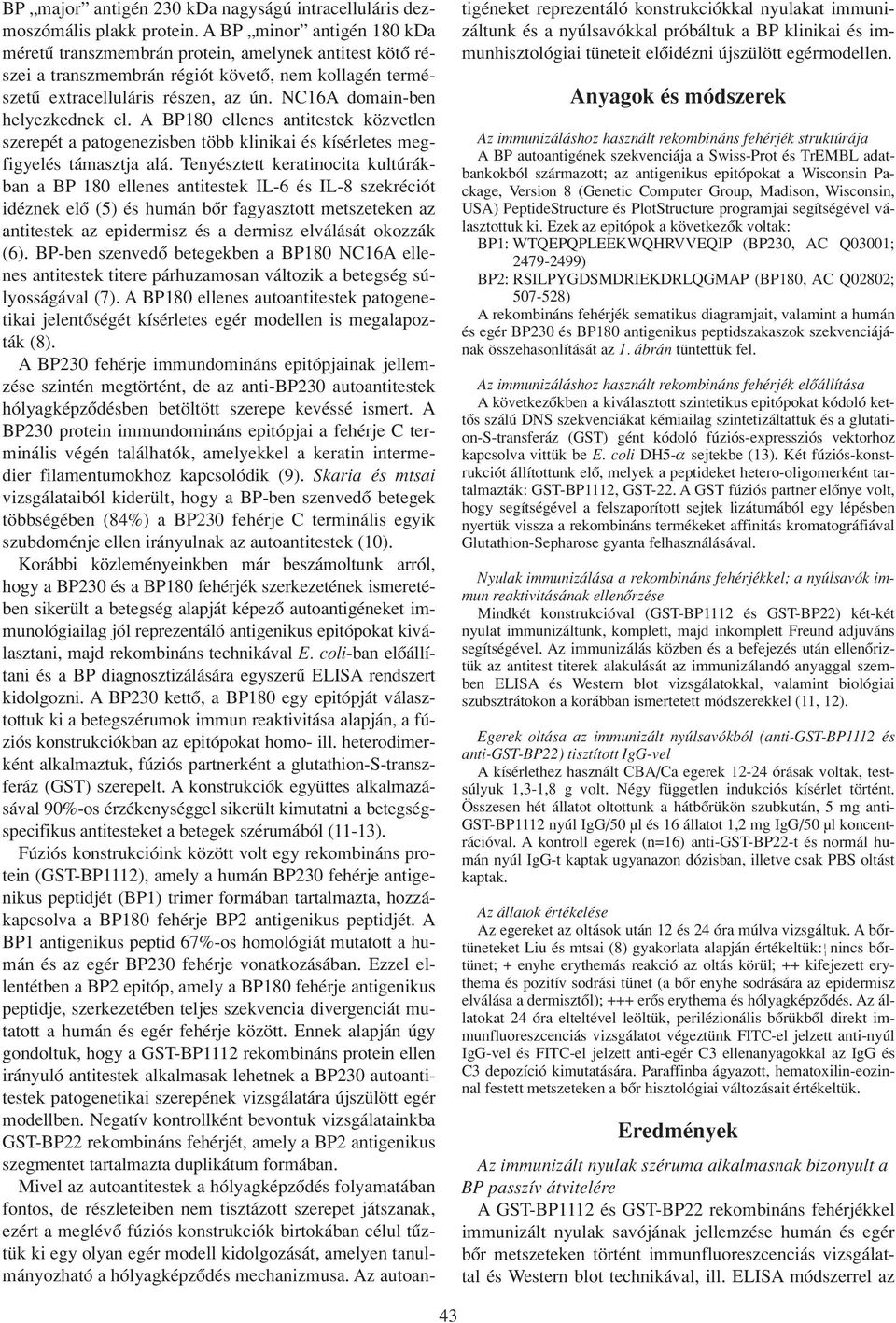 NC16A domain-ben helyezkednek el. A BP180 ellenes antitestek közvetlen szerepét a patogenezisben több klinikai és kísérletes megfigyelés támasztja alá.