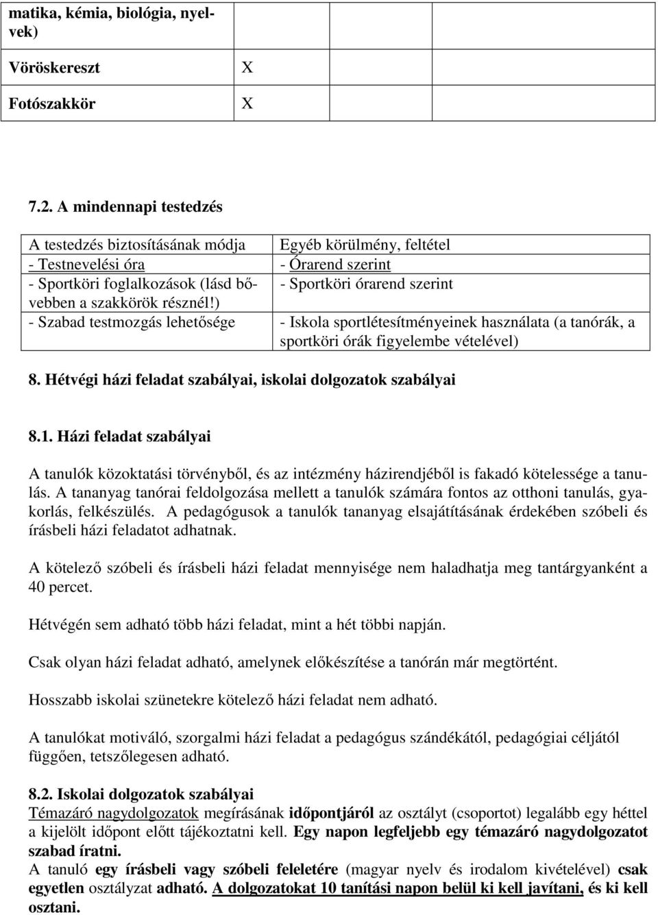 résznél!) - Szabad testmozgás lehetősége - Iskola sportlétesítményeinek használata (a tanórák, a sportköri órák figyelembe vételével) 8. Hétvégi házi feladat szabályai, iskolai dolgozatok szabályai 8.