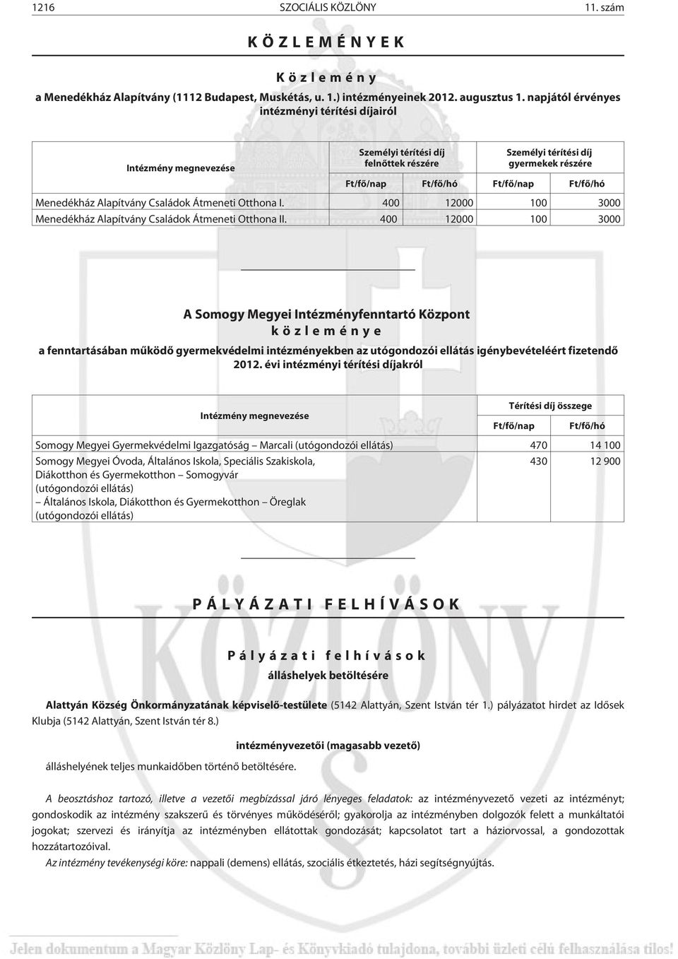 Alapítvány Családok Átmeneti Otthona I. 400 12000 100 3000 Menedékház Alapítvány Családok Átmeneti Otthona II.