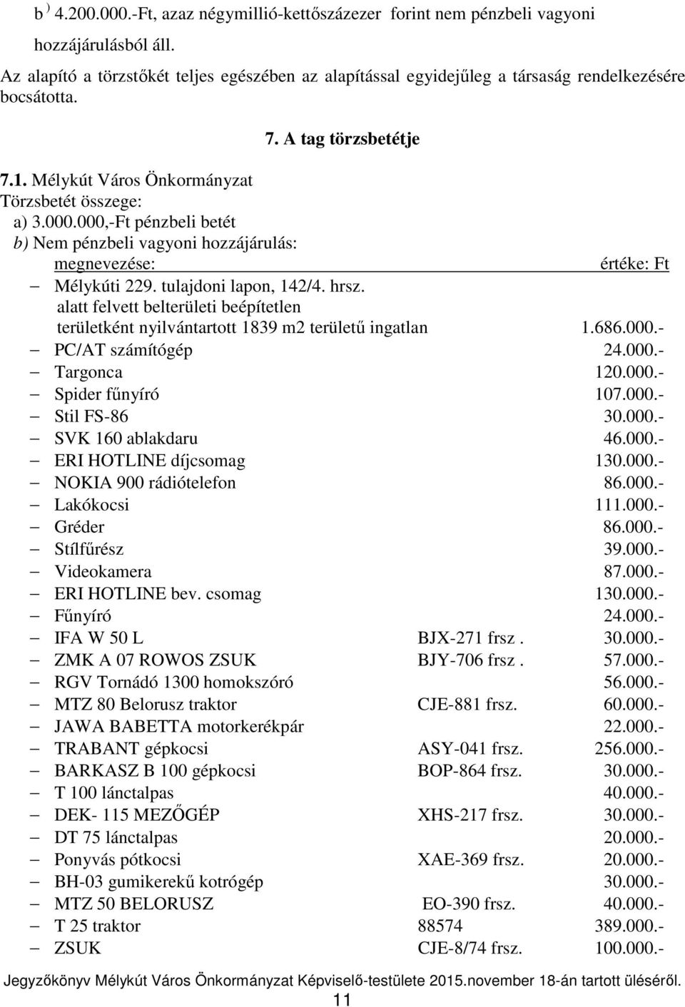 000,-Ft pénzbeli betét b) Nem pénzbeli vagyoni hozzájárulás: megnevezése: értéke: Ft Mélykúti 229. tulajdoni lapon, 142/4. hrsz.