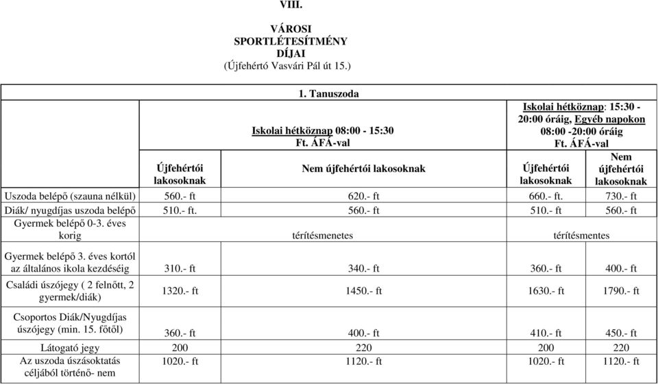 - ft Diák/ nyugdíjas uszoda 510.- ft. 560.- ft 510.- ft 560.- ft Gyermek 0-3. éves korig térítésmenetes térítésmentes Gyermek 3. éves kortól az általános ikola kezdéséig 310.- ft 340.- ft 360.