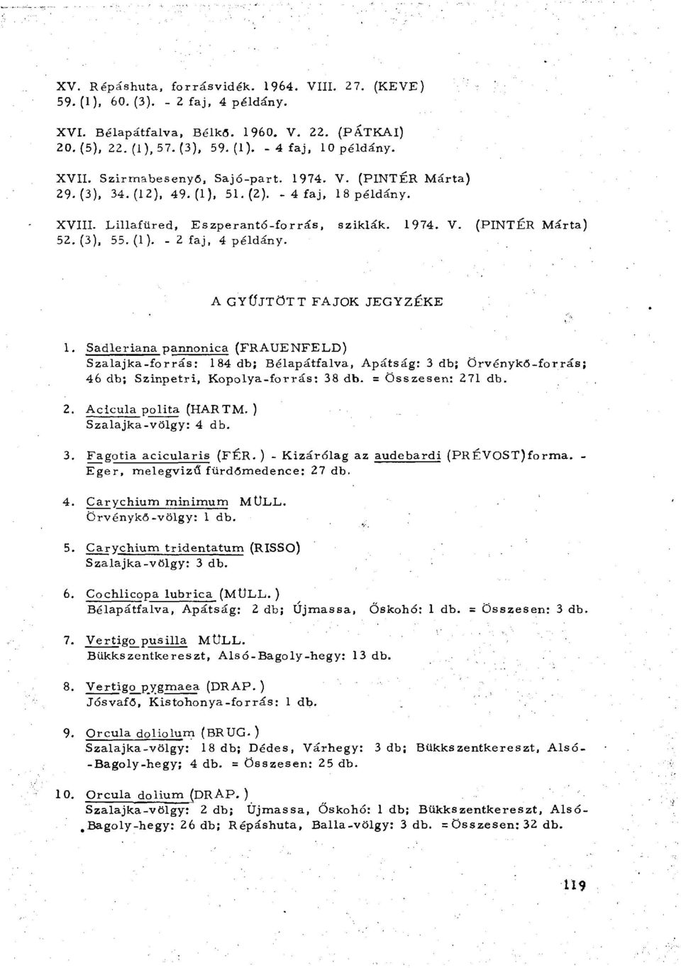 A GYŰJTÖTT FAJOK JEGYZÉKE 1. Sadleriana pannonica (FRAUENFELD) Szalajka-forrás: 184 db; Bélapátfalva, Apátság: 3 db; Örvénykö-forrás; 46 db; Szinpetri, Kopolya-forrás: 38 db. = Összesen: 27