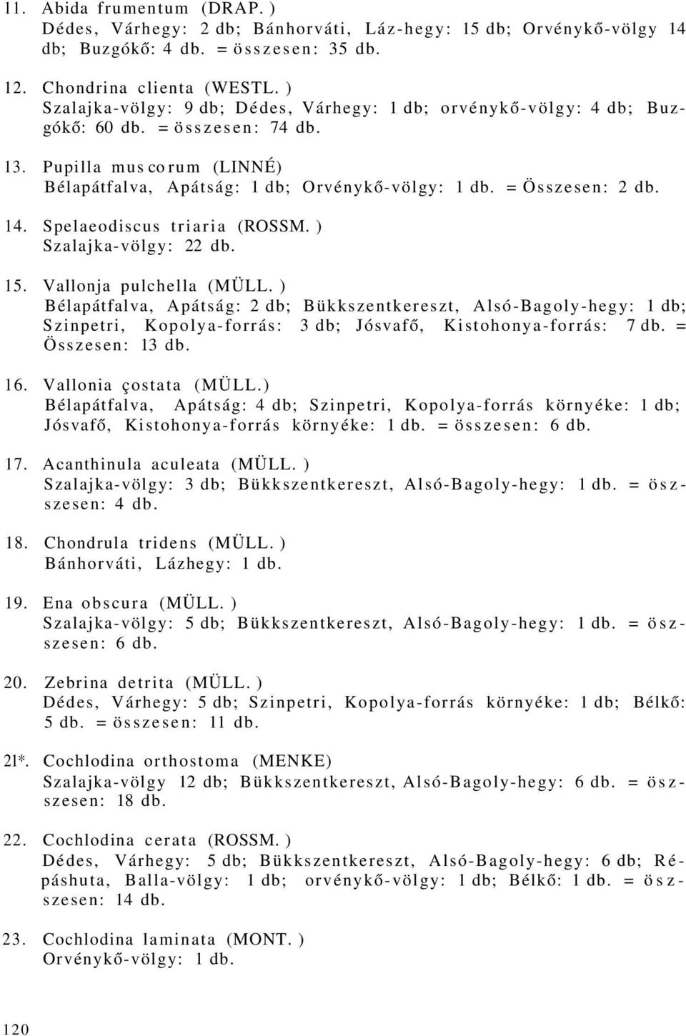 = Összesen: 2 db. 14. Spelaeodiscus triaria (ROSSM. ) Szalajka-völgy: 22 db. 15. Vallonja pulchella (MÜLL.