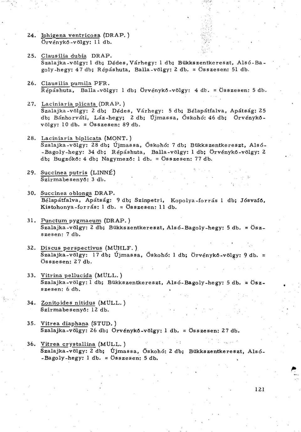 ) Szalajka-völgy: 2 db; Dédes, Várhegy: 5 db; Bélapátfalva, Apátság: 25 db; Bánhorváti, Láz-hegy; 2 db; Újmassa, Őskohó: 46 db; örvénykővölgy: 10 db. = összesen: 89 db. 28. Laciniaria biplicata (MONT.