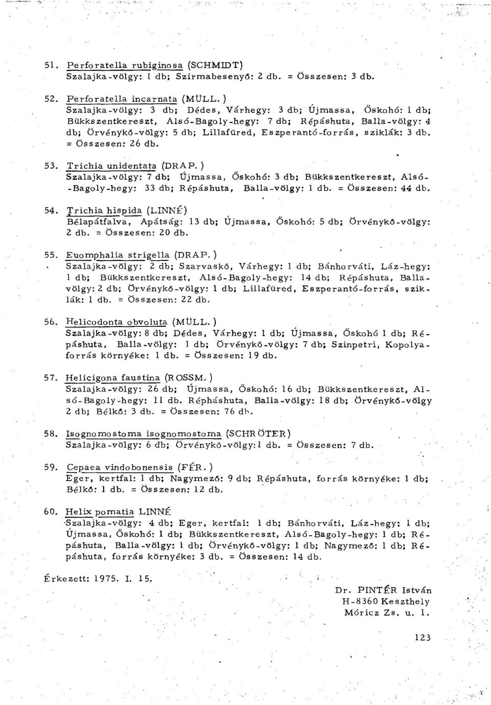 sziklák: 3 db. = Összesen: 26 db. 53. Trichia unidentata (DRAP. ) Szalajka-völgy: 7 db; Újmassa, Őskohó: 3 db; Bükkszentkereszt, Alsó- -Bagoly-hegy: 33 db; Répáshuta, Balla-völgy: 1 db.