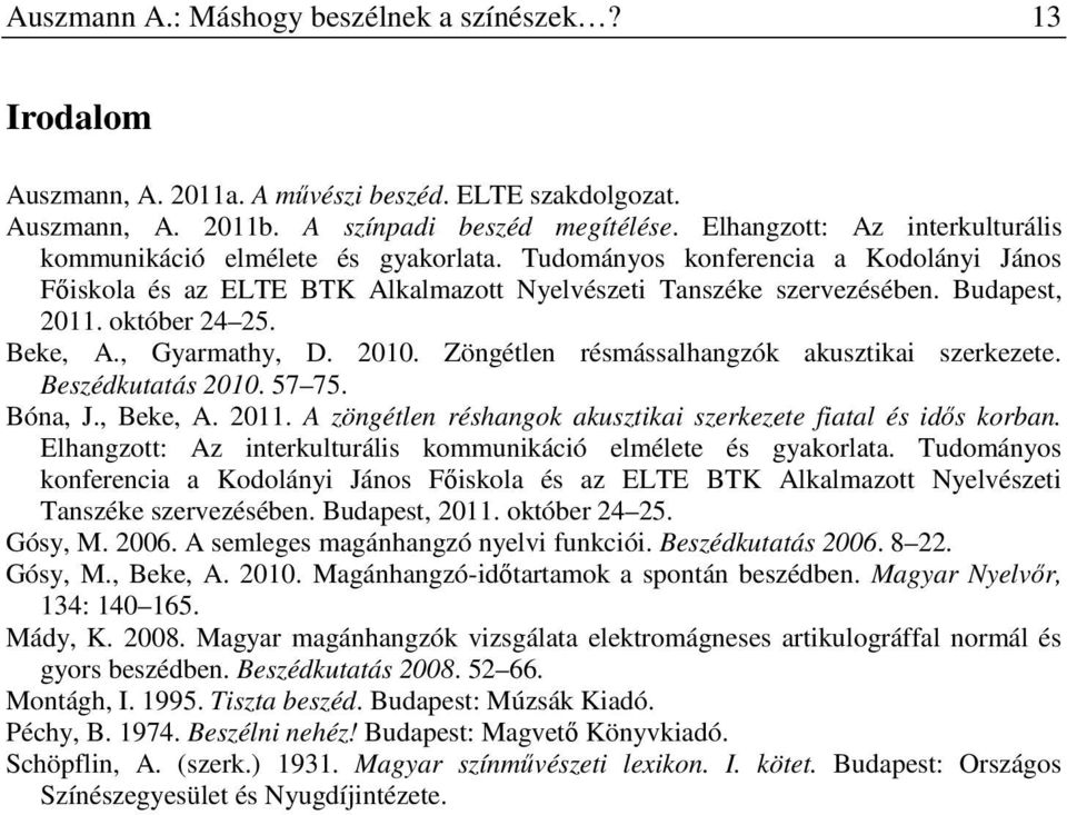 október 24 25. Beke, A., Gyarmathy, D. 2010. Zöngétlen résmássalhangzók akusztikai szerkezete. Beszédkutatás 2010. 57 75. Bóna, J., Beke, A. 2011.