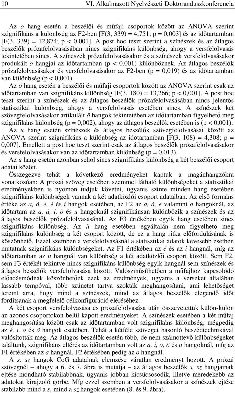 időtartamban [F(3, 339) = 12,874; p < 0,001]. A post hoc teszt szerint a színészek és az átlagos beszélők prózafelolvasásában nincs szignifikáns különbség, ahogy a versfelolvasás tekintetében sincs.