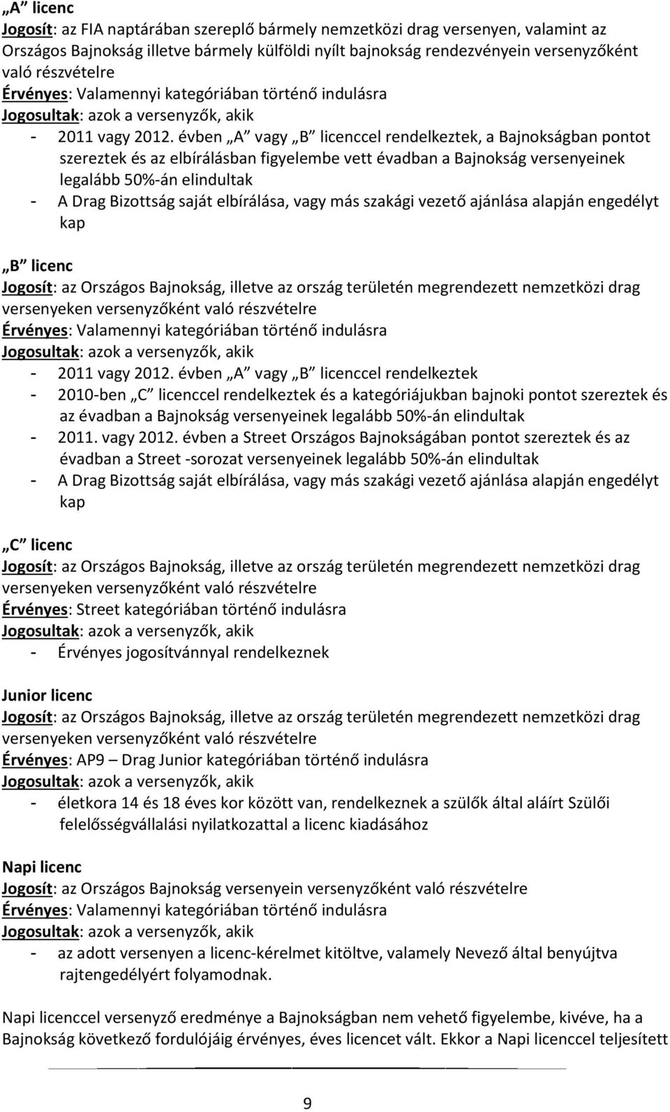 évben A vagy B licenccel rendelkeztek, a Bajnokságban pontot szereztek és az elbírálásban figyelembe vett évadban a Bajnokság versenyeinek legalább 50%-án elindultak - A Drag Bizottság saját