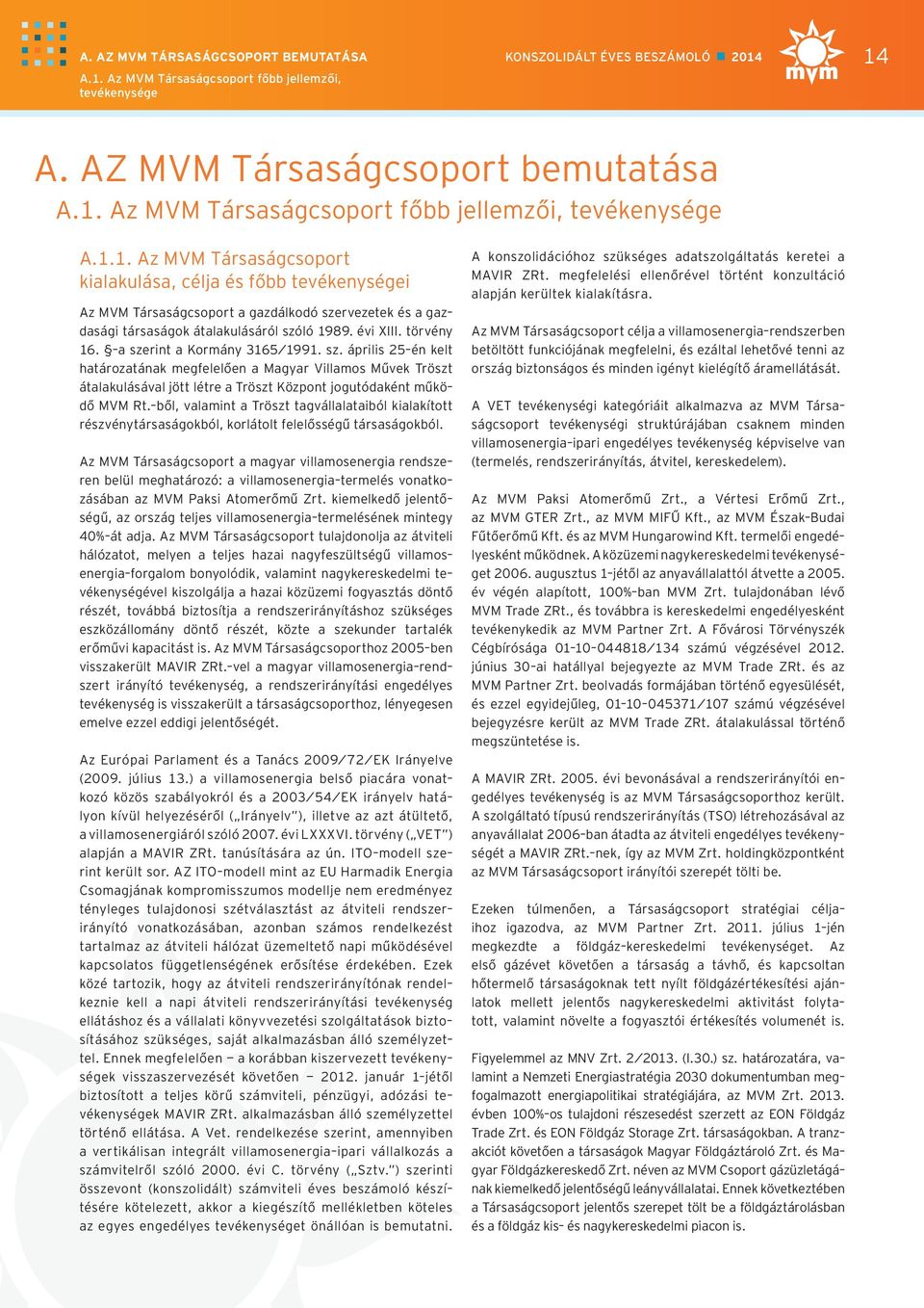 -a szerint a Kormány 3165/1991. sz. április 25-én kelt határozatának megfelelően a Magyar Villamos Művek Tröszt átalakulásával jött létre a Tröszt Központ jogutódaként működő MVM Rt.
