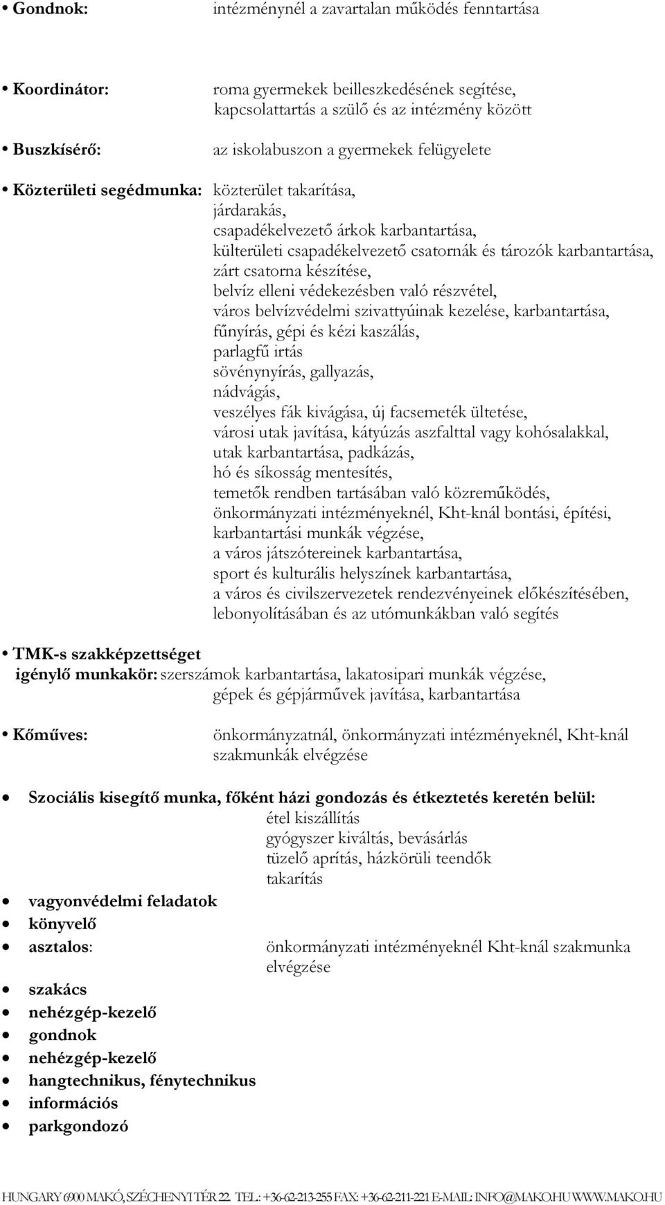 belvíz elleni védekezésben való részvétel, város belvízvédelmi szivattyúinak kezelése, karbantartása, fűnyírás, gépi és kézi kaszálás, parlagfű irtás sövénynyírás, gallyazás, nádvágás, veszélyes fák