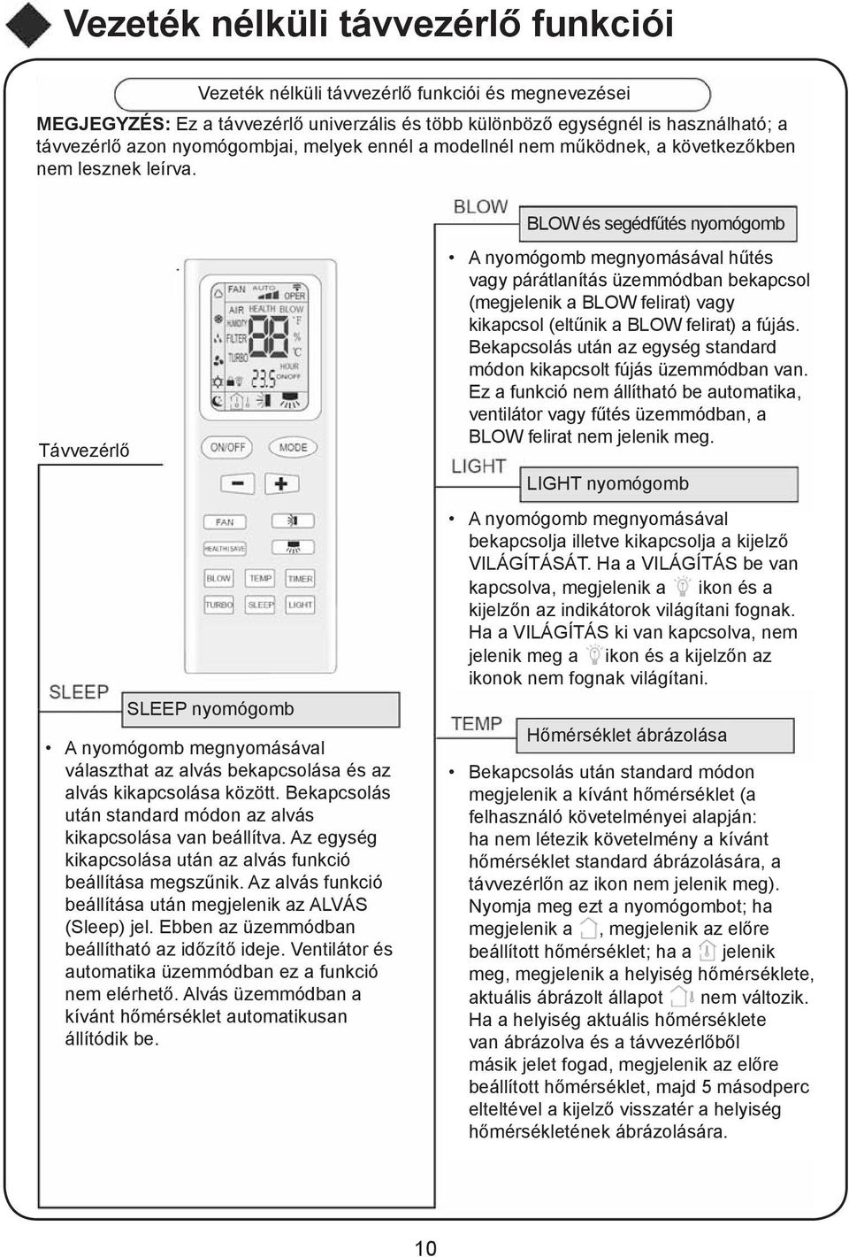 Távvezérlő SLEEP nyomógomb A nyomógomb megnyomásával választhat az alvás bekapcsolása és az alvás kikapcsolása között. Bekapcsolás után standard módon az alvás kikapcsolása van beállítva.