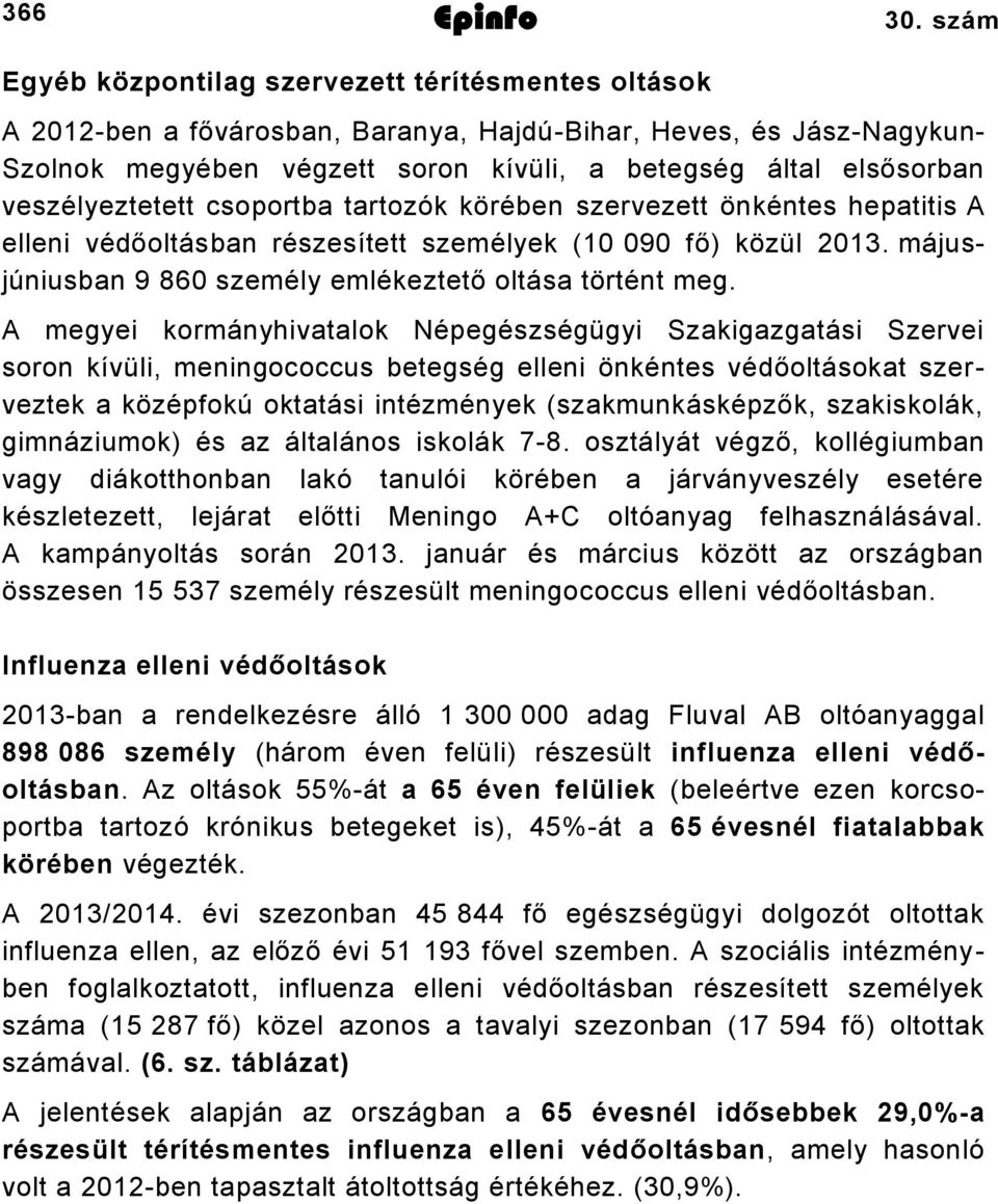 veszélyeztetett csoportba tartozók körében szervezett önkéntes hepatitis A elleni védőoltásban részesített személyek (10 090 fő) közül 2013.