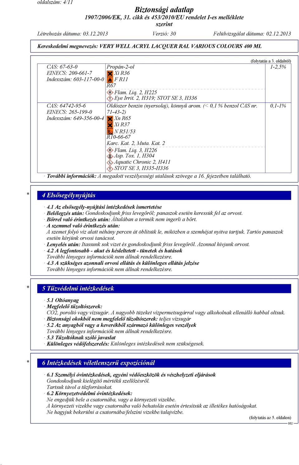 1, H304 Aquatic Chronic 2, H411 STOT SE 3, H335-H336 További információk: A megadott veszélyességi utalások szövege a 16. fejezetben található. (folytatás a 3.
