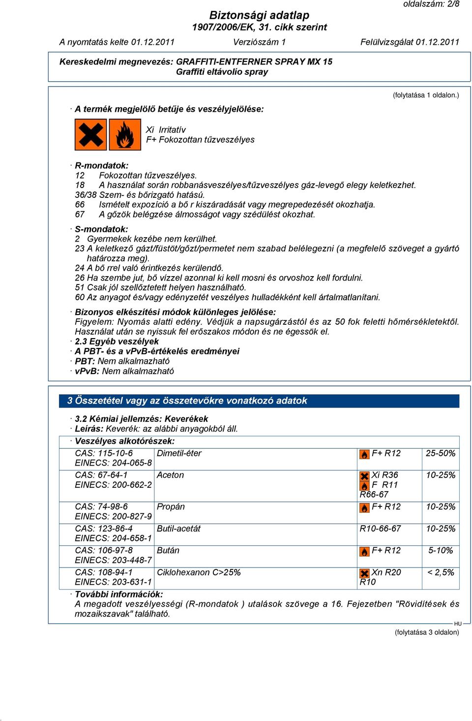 67 A gőzök belégzése álmosságot vagy szédülést okozhat. S-mondatok: 2 Gyermekek kezébe nem kerülhet.