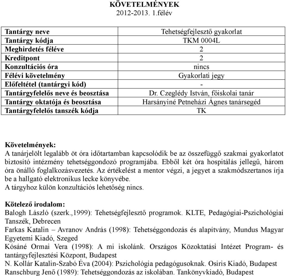 Ebből két óra hospitálás jellegű, három óra önálló foglalkozásvezetés. Az értékelést a mentor végzi, a jegyet a szakmódszertanos írja be a hallgató elektronikus lecke könyvébe.