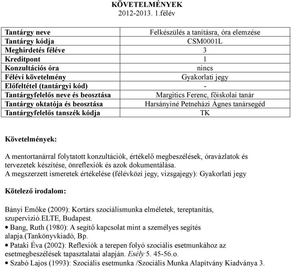 A megszerzett ismeretek értékelése (félévközi jegy, vizsgajegy): Gyakorlati jegy Bányi Emőke (2009): Kortárs szociálismunka elméletek, tereptanítás, szupervizió.elte, Budapest.