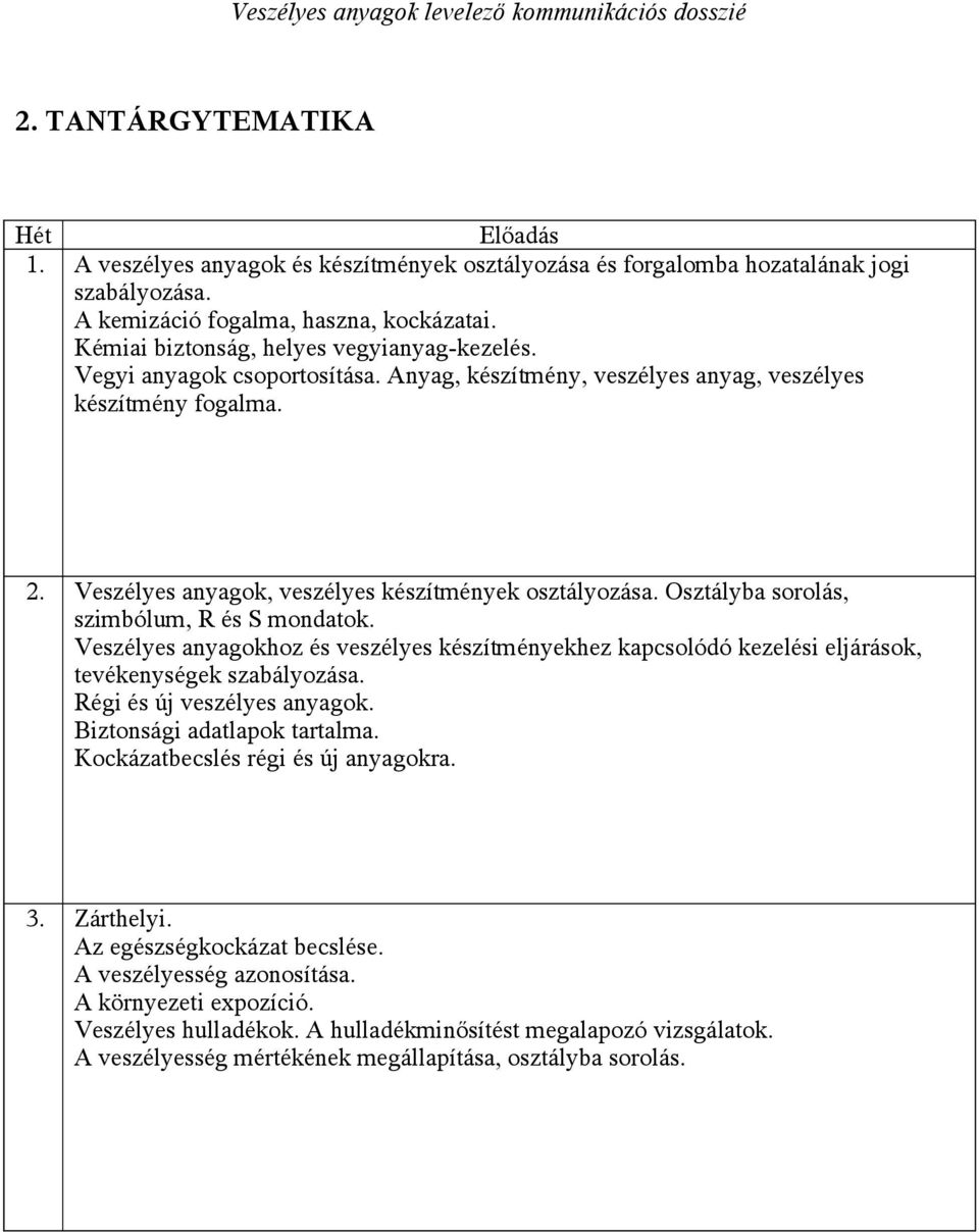 Osztályba sorolás, szimbólum, R és S mondatok. Veszélyes anyagokhoz és veszélyes készítményekhez kapcsolódó kezelési eljárások, tevékenységek szabályozása. Régi és új veszélyes anyagok.