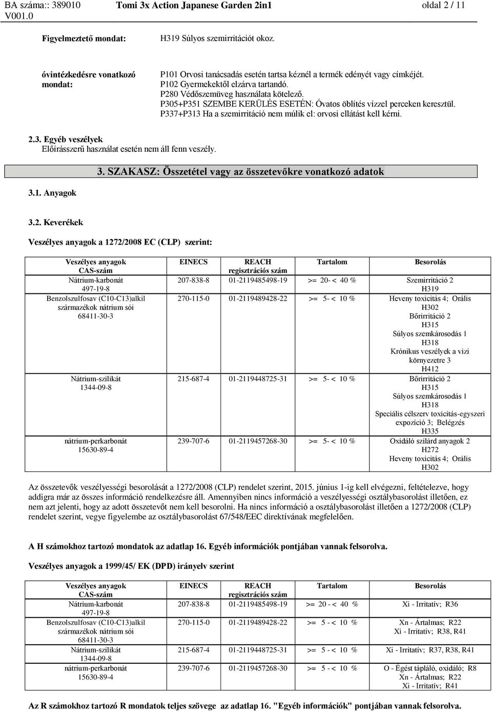 P305+P351 SZEMBE KERÜLÉS ESETÉN: Óvatos öblítés vízzel perceken keresztül. P337+P313 Ha a szemirritáció nem múlik el: orvosi ellátást kell kérni. 2.3. Egyéb veszélyek Előírásszerű használat esetén nem áll fenn veszély.