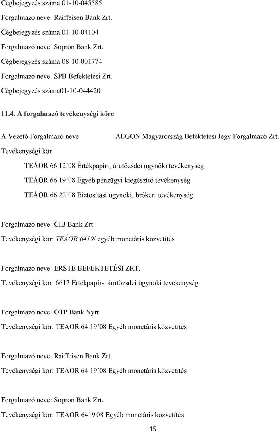 Tevékenységi kör TEÁOR 66.12 08 Értékpapír-, árutőzsdei ügynöki tevékenység TEÁOR 66.19 08 Egyéb pénzügyi kiegészítő tevékenység TEÁOR 66.