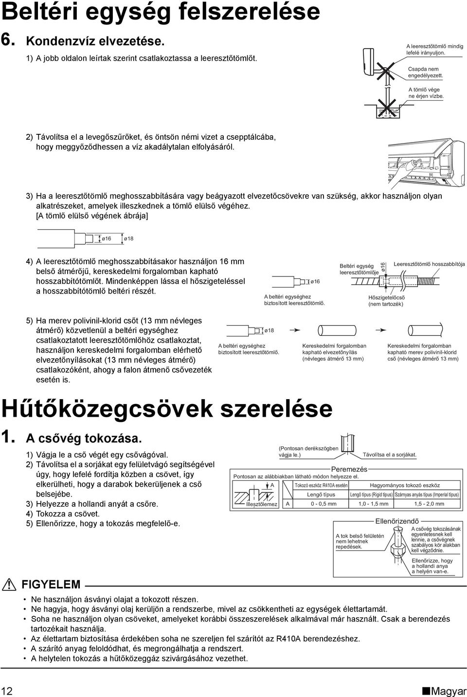 3) Ha a leeresztőtömlő meghosszabbítására vagy beágyazott elvezetőcsövekre van szükség, akkor használjon olyan alkatrészeket, amelyek illeszkednek a tömlő elülső végéhez.
