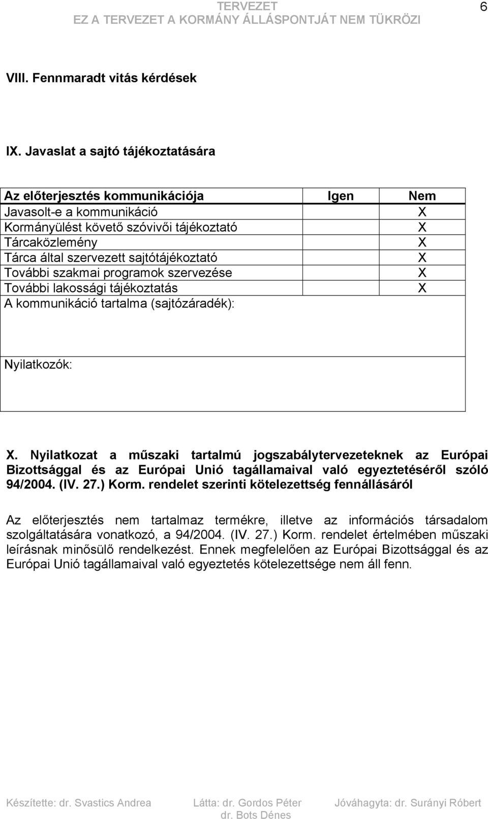 sajtótájékoztató X További szakmai programok szervezése X További lakossági tájékoztatás X A kommunikáció tartalma (sajtózáradék): Nyilatkozók: X.