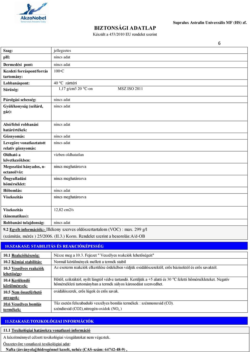 hőmérséklet: Hőbomlás: Viszkozitás vizben oldhatatlan Viszkozitás (kinematikus): Robbanási tulajdonság: 12,82 cm2/s 9.2 Egyéb információk:- Illékony szerves oldószertartalom (VOC) : max.
