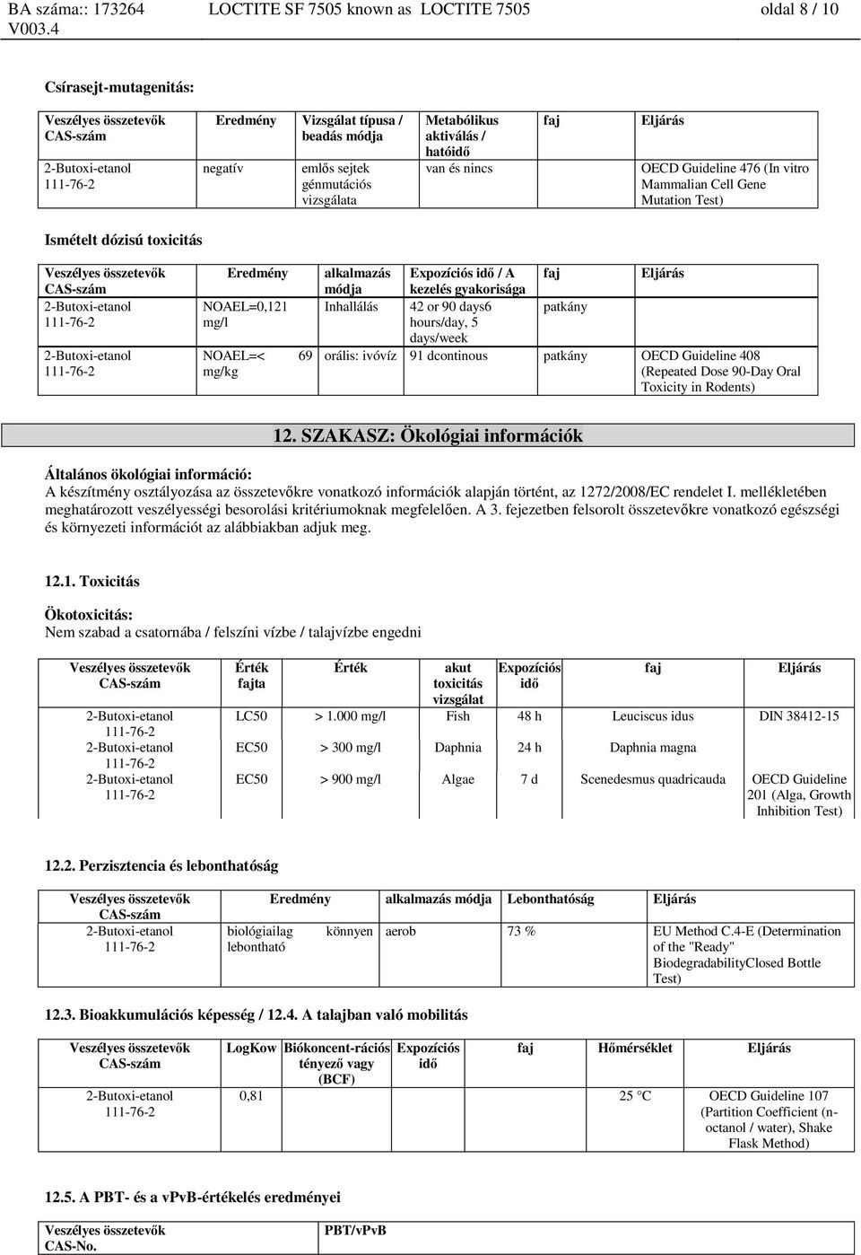 gyakorisága faj Eljárás Inhallálás 42 or 90 days6 patkány hours/day, 5 days/week orális: ivóvíz 91 dcontinous patkány OECD Guideline 408 (Repeated Dose 90-Day Oral Toxicity in Rodents) 12.