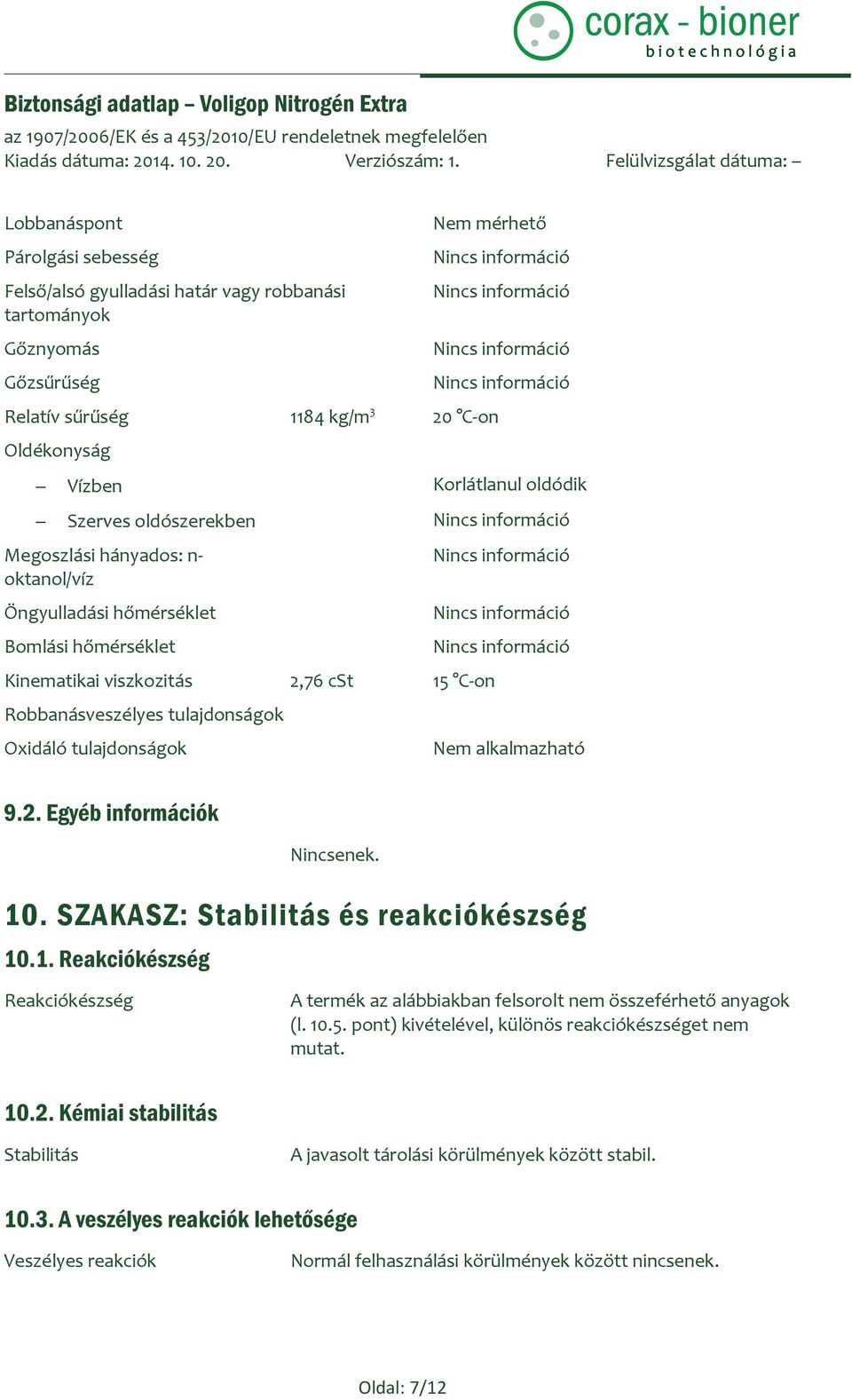 Nem alkalmazható 9.2. Egyéb információk Nincsenek. 10. SZAKASZ: Stabilitás és reakciókészség 10.1. Reakciókészség Reakciókészség A termék az alábbiakban felsorolt nem összeférhető anyagok (l. 10.5.