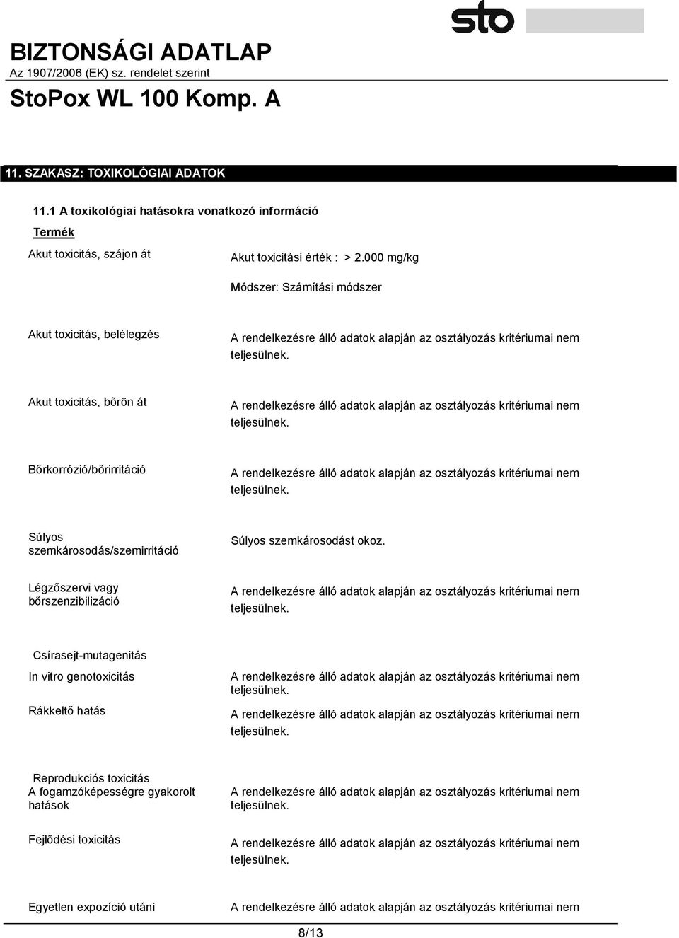 000 mg/kg Módszer: Számítási módszer Akut toxicitás, belélegzés Akut toxicitás, bőrön át Bőrkorrózió/bőrirritáció Súlyos