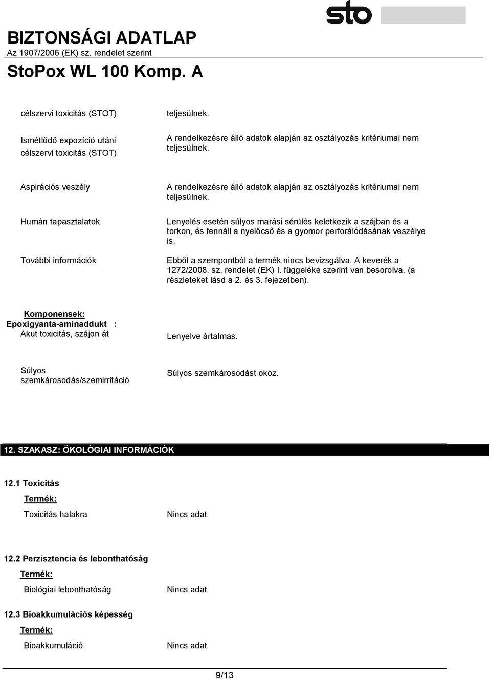 függeléke szerint van besorolva. (a részleteket lásd a 2. és 3. fejezetben). Komponensek: Epoxigyanta-aminaddukt : Akut toxicitás, szájon át Lenyelve ártalmas.
