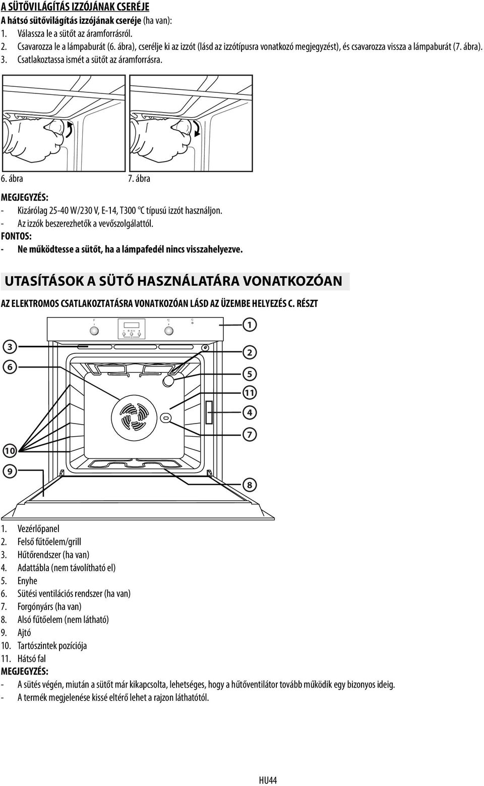 ábra MEGJEGYZÉS: - Kizárólag 25-40 W/230 V, E-14, T300 C típusú izzót használjon. - Az izzók beszerezhetők a vevőszolgálattól. FONTOS: - Ne működtesse a sütőt, ha a lámpafedél nincs visszahelyezve.