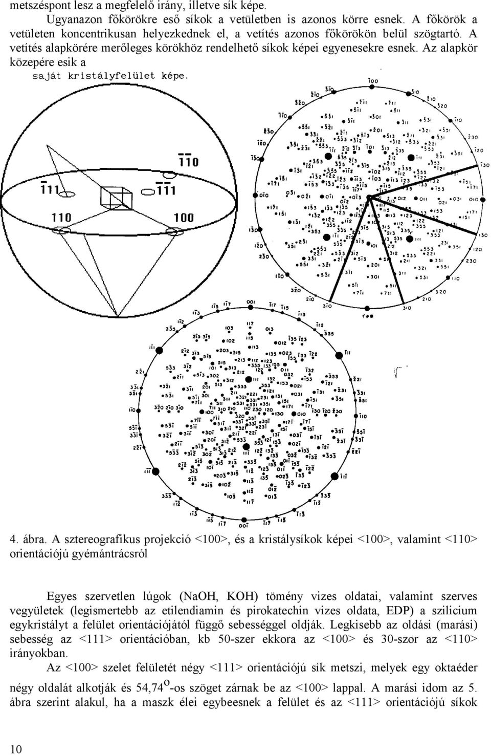 ábra. A ztereografiku projekció <100>, é a kritályíkok képei <100>, valamint <110> orientációjú gyémántrácról Egye zervetlen lúgok (NaOH, KOH) tömény vize oldatai, valamint zerve vegyületek