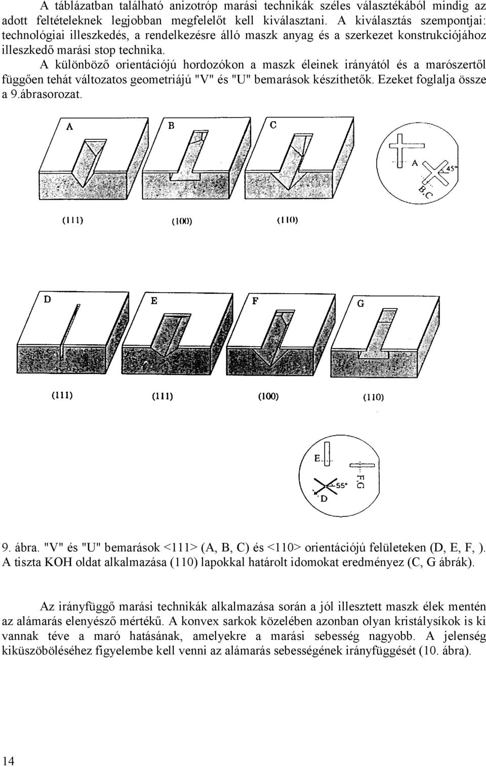 A különböző orientációjú hordozókon a mazk éleinek irányától é a marózertől függően tehát változato geometriájú "V" é "U" bemaráok kézíthetők. Ezeket foglalja öze a 9.ábraorozat. 9. ábra.