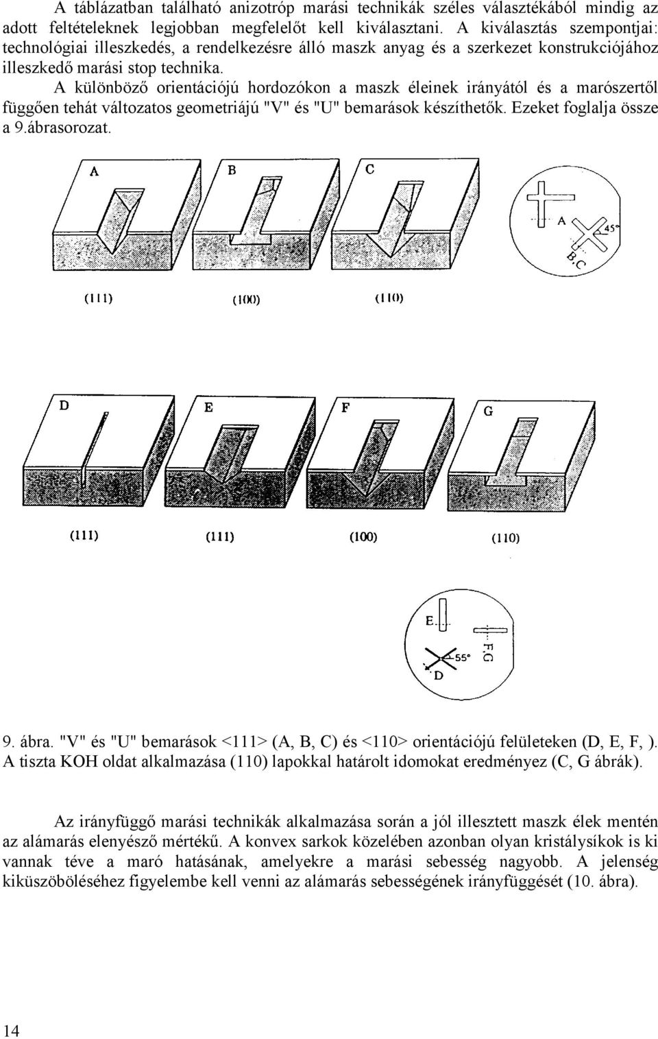 A különböző orientációjú hordozókon a mazk éleinek irányától é a marózertől függően tehát változato geometriájú "V" é "U" bemaráok kézíthetők. Ezeket foglalja öze a 9.ábraorozat. 9. ábra.