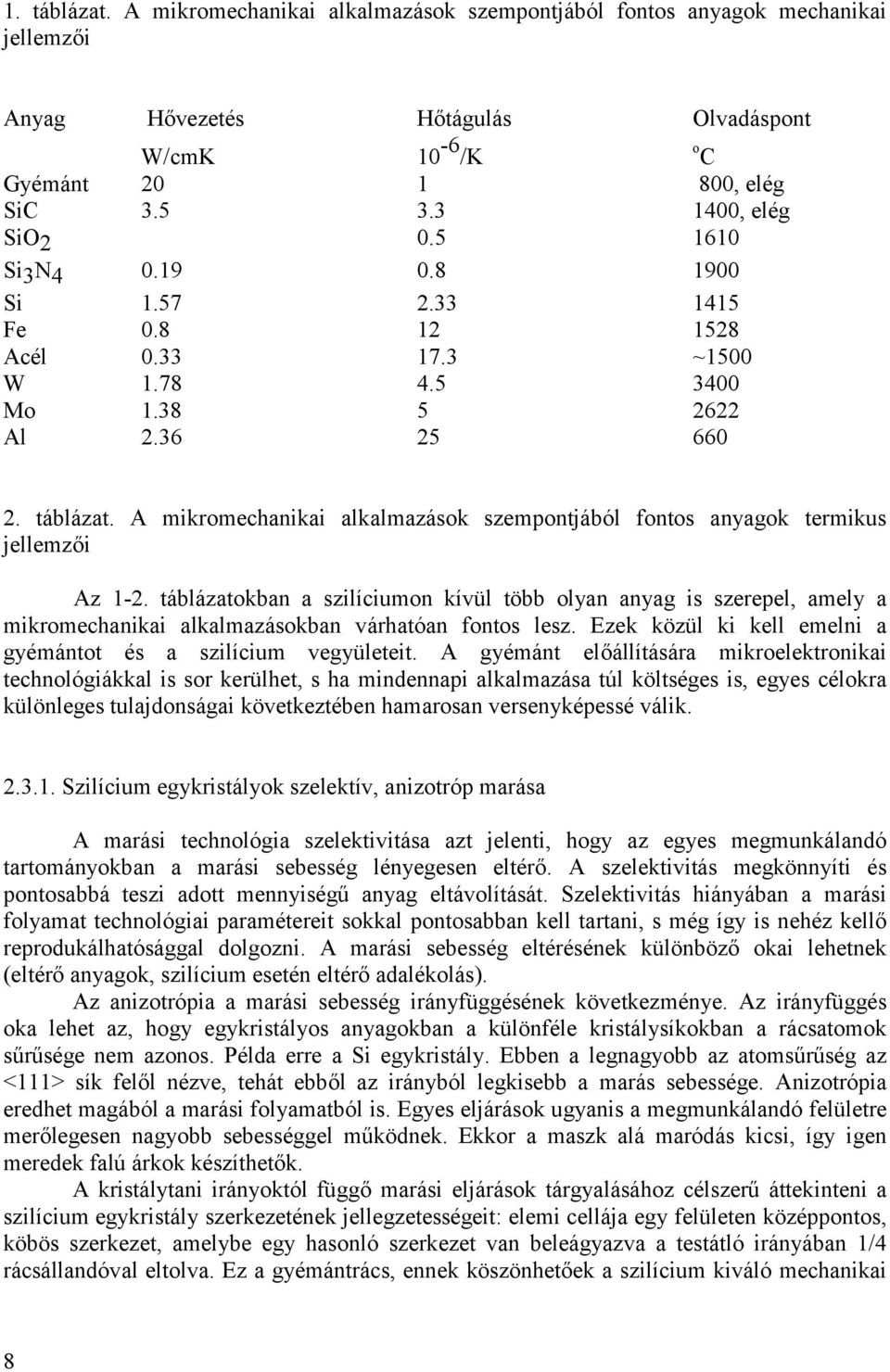 A mikromechanikai alkalmazáok zempontjából fonto anyagok termiku jellemzői Az 1-2.