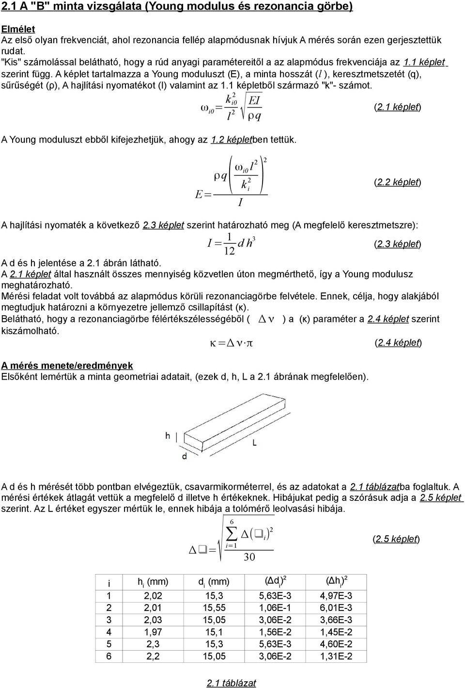 A képlet tartalmazza a Young moduluszt (E), a minta hosszát (l ), keresztmetszetét (q), sűrűségét (ρ), A hajlítási nyomatékot (I) valamint az 1.1 képletből származó "k"- számot.