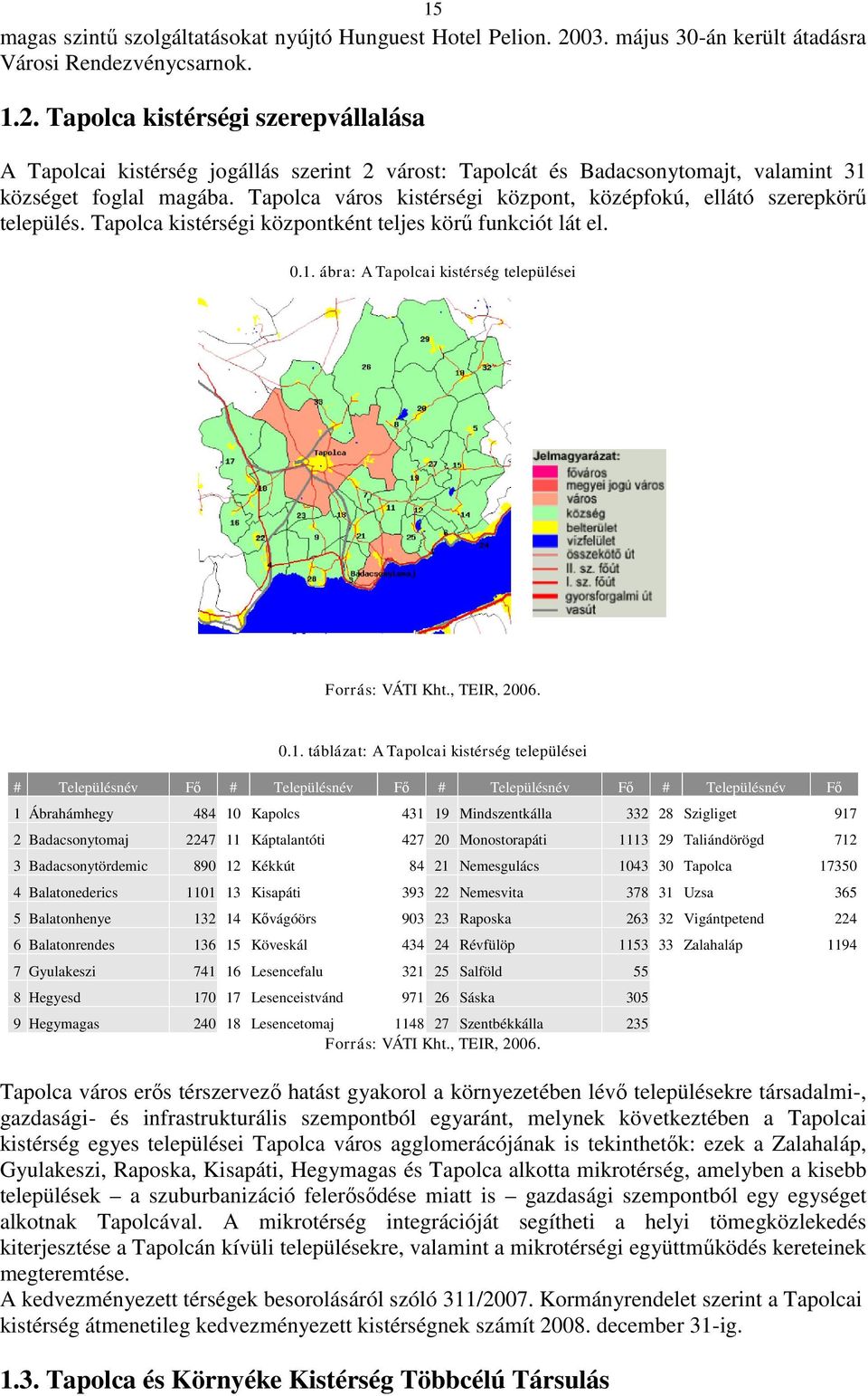 Tapolca város kistérségi központ, középfokú, ellátó szerepkörű település. Tapolca kistérségi központként teljes körű funkciót lát el. 0.1. ábra: A Tapolcai kistérség települései Forrás: VÁTI Kht.