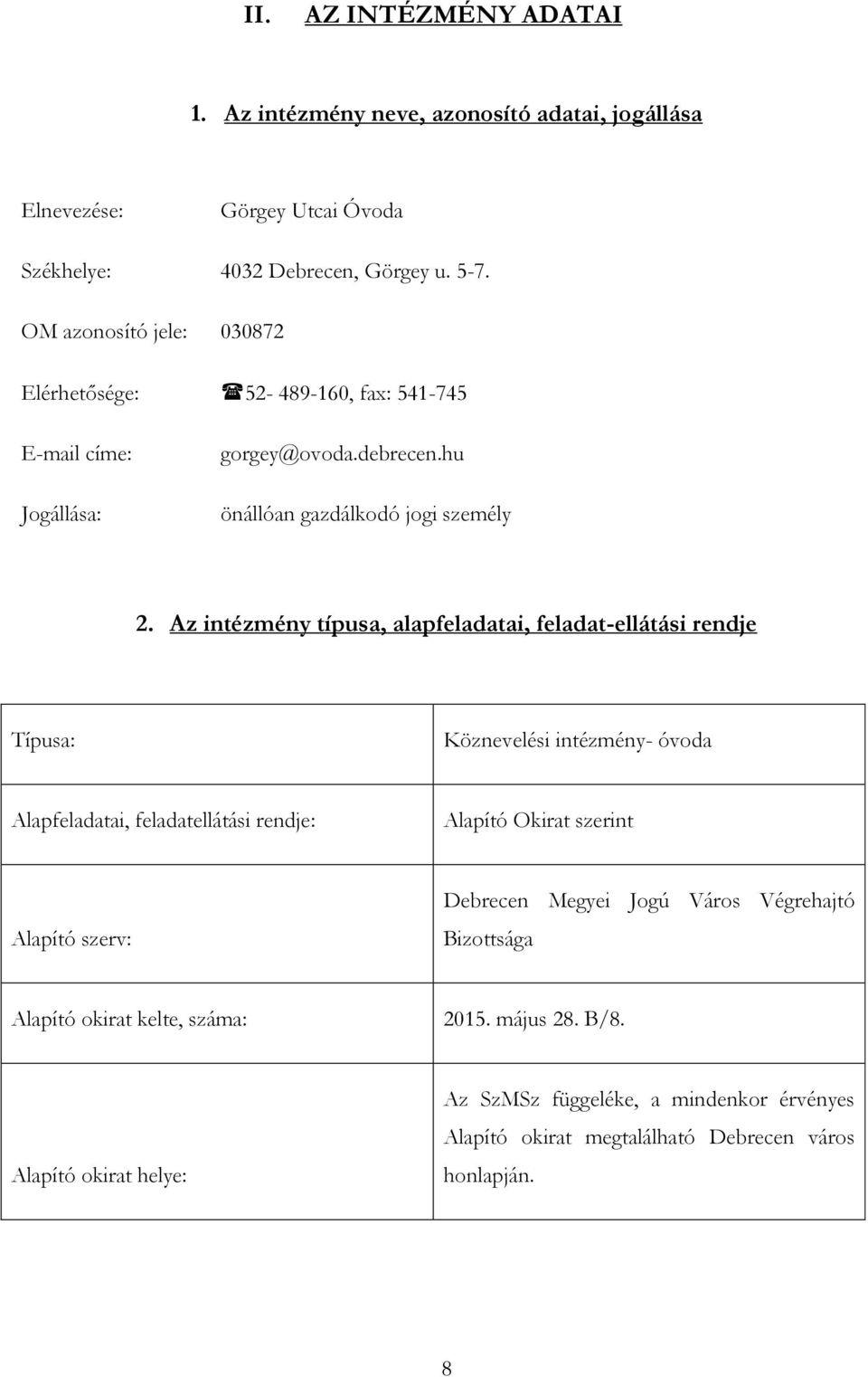 Az intézmény típusa, alapfeladatai, feladat-ellátási rendje Típusa: Köznevelési intézmény- óvoda Alapfeladatai, feladatellátási rendje: Alapító Okirat szerint Alapító